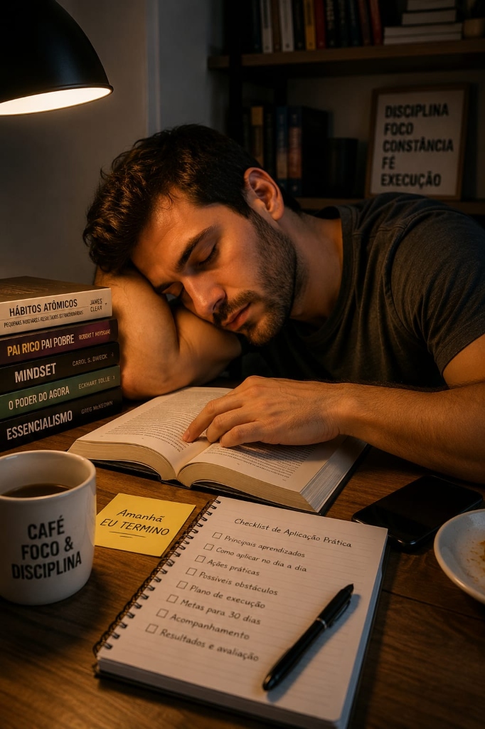 Pessoa cansada dormindo sobre livros sem conseguir terminar a leitura